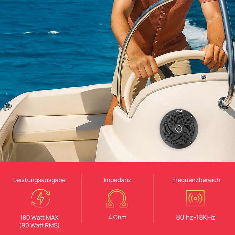 Mann am Steuer eines Bootes mit Lautsprecher. Spezifikationen: 180W, 4 Ohm, 80 Hz-18 kHz.