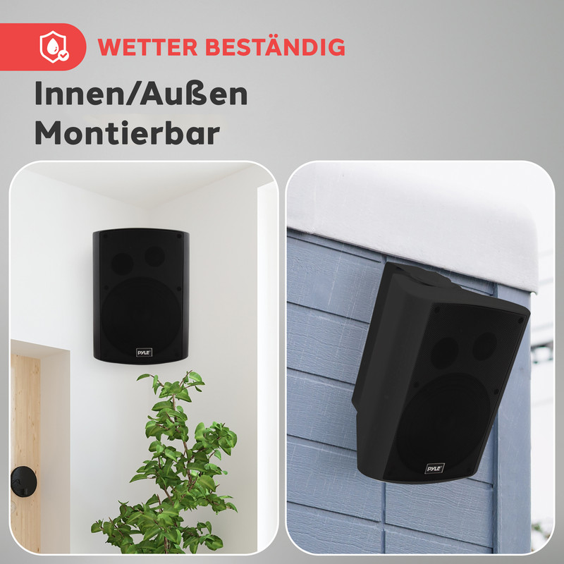 Wetterfeste schwarze Lautsprecher für Innen- und Außenbereich.