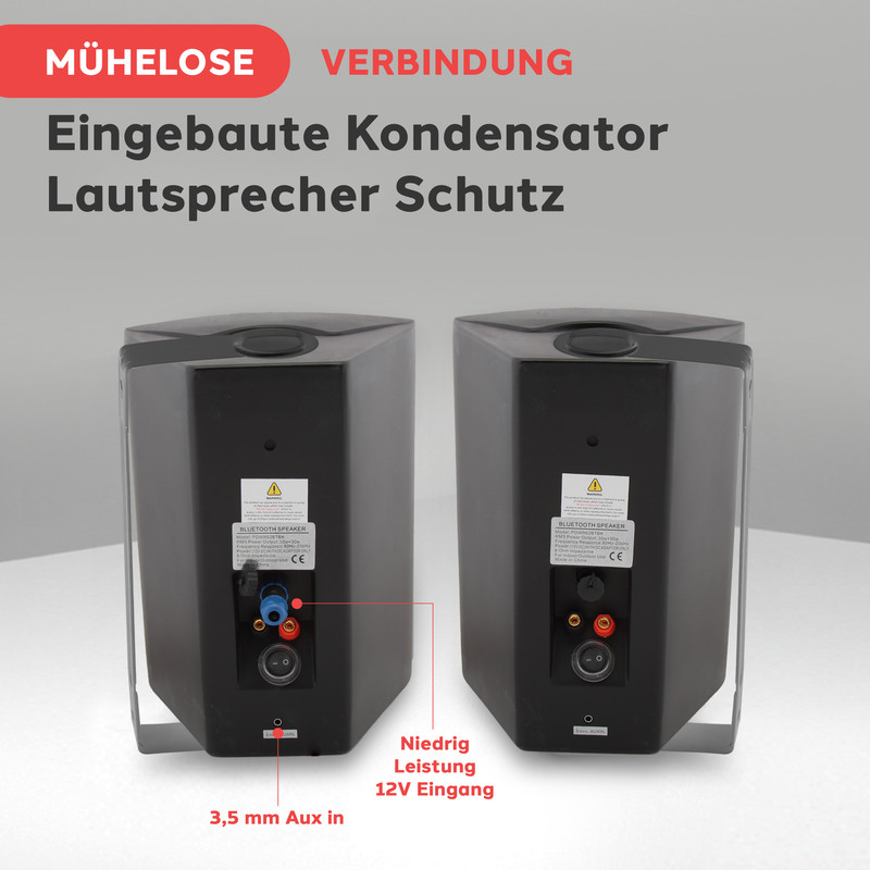 Zwei schwarze Lautsprecher mit Anschlüssen und Beschriftungen wie Aux in und 12V Eingang.