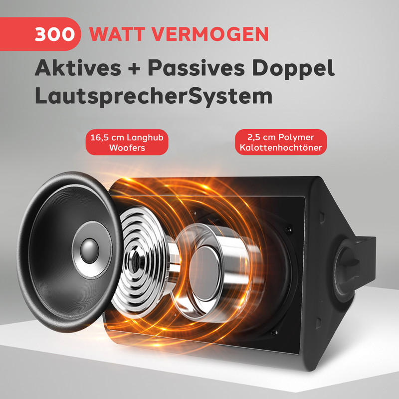 Ein aktives und passives Lautsprechersystem mit 300 Watt Leistung.