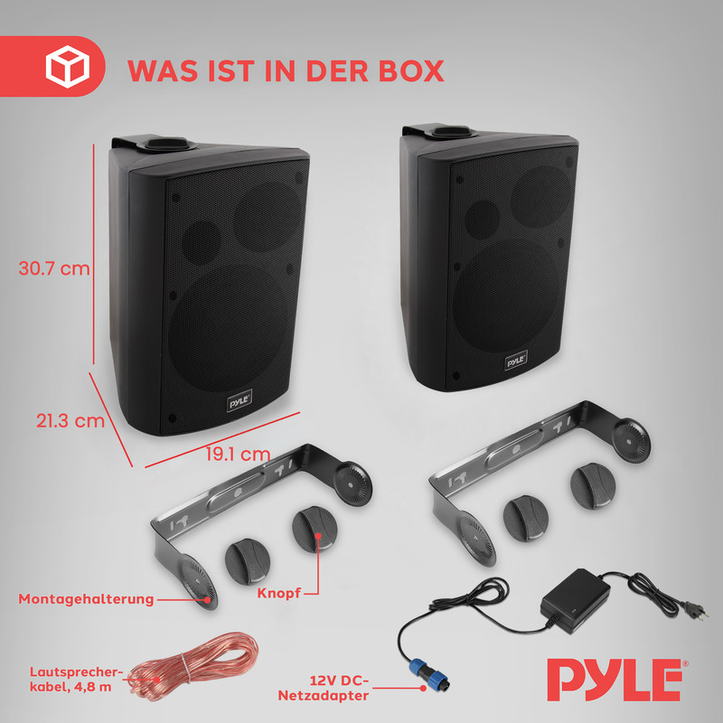 Zwei schwarze Lautsprecher mit Halterungen, Kabel und Netzteil.