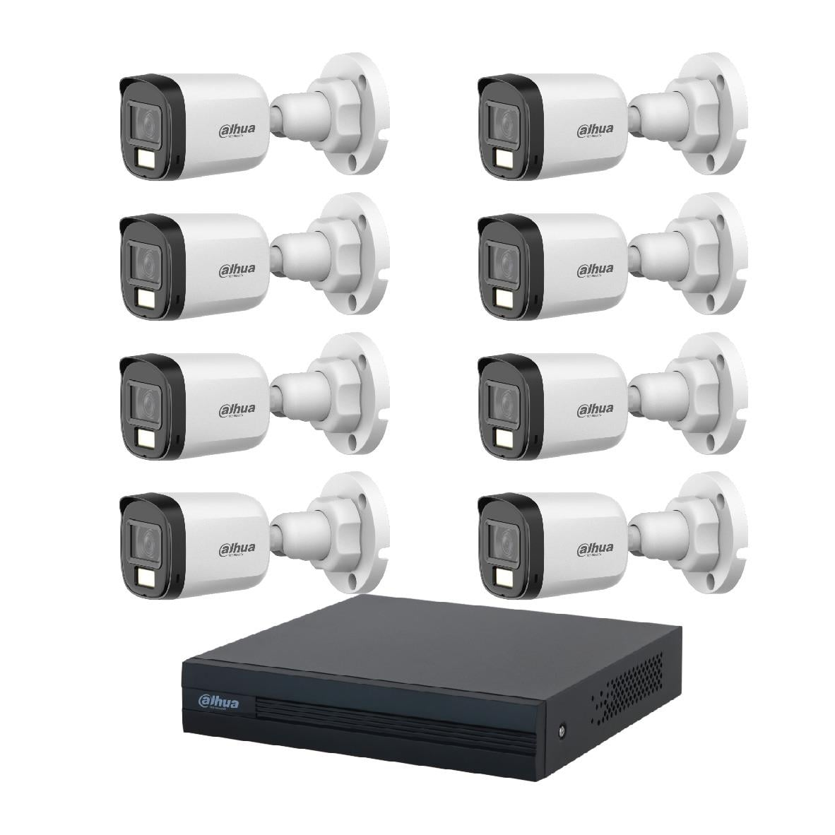 Sekiz beyaz güvenlik kamerası ve beyaz arka planda siyah DVR.