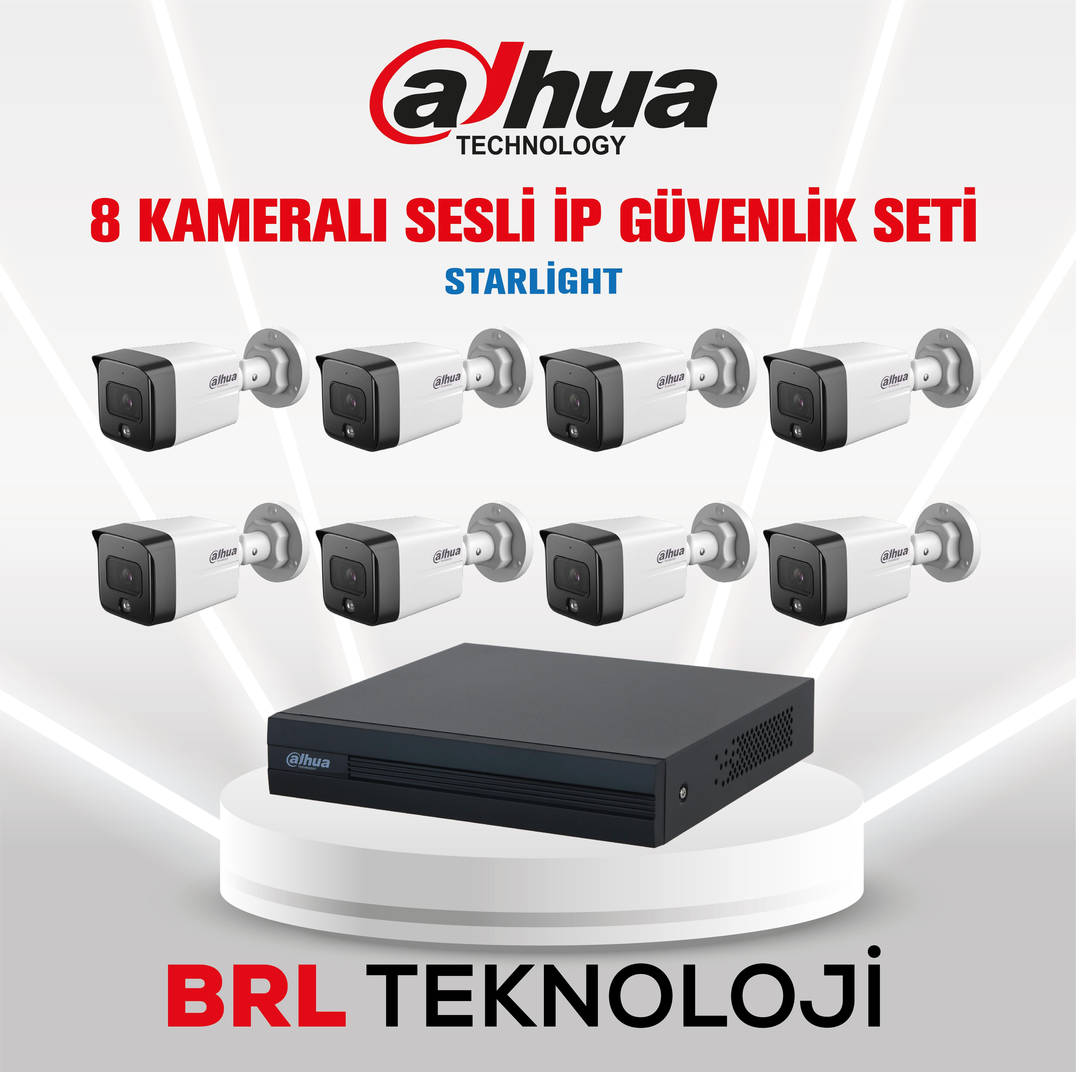 Dahua 8 kameralı IP güvenlik seti NVR ile. Beyaz ve siyah kameralar.