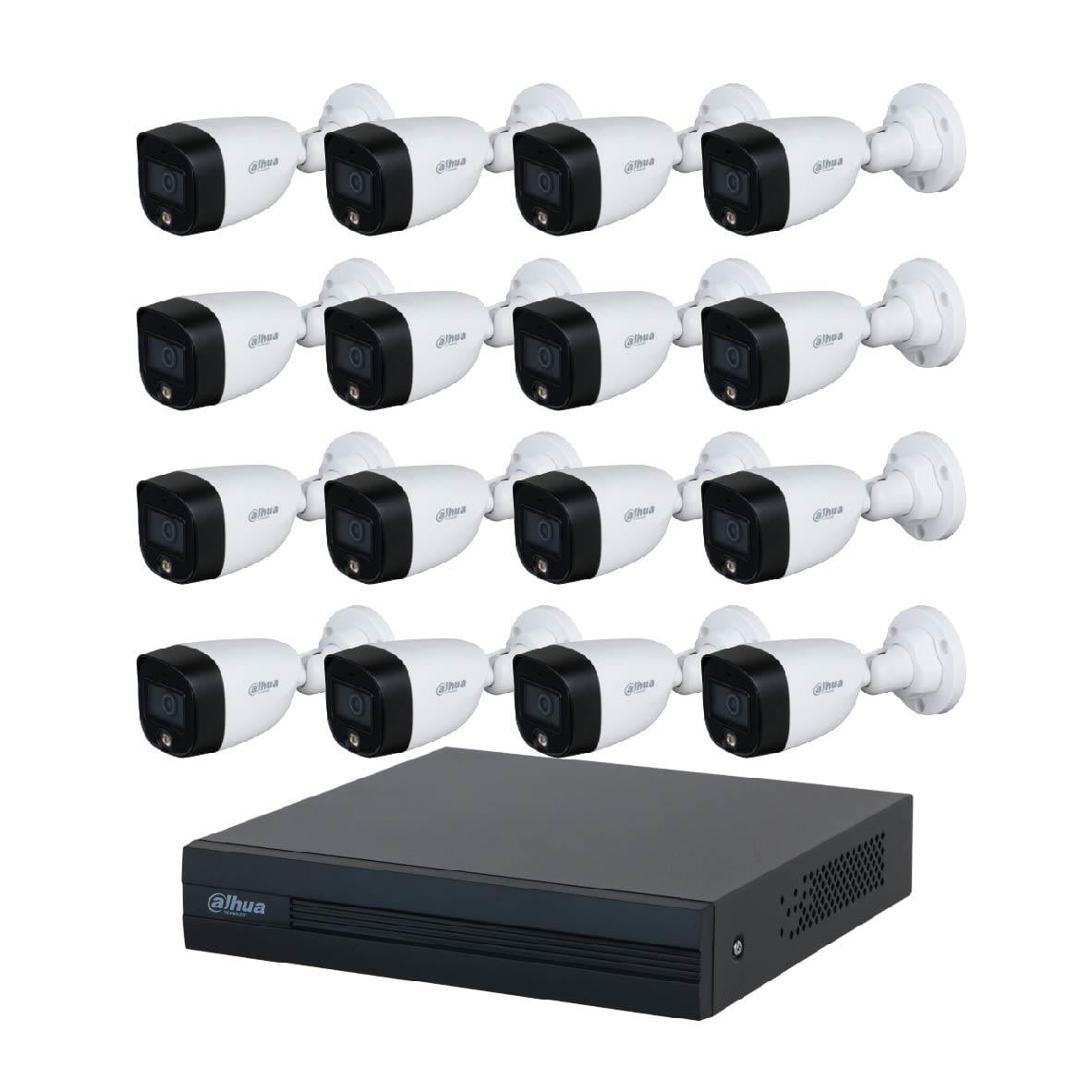 Siyah muhafazalı on iki beyaz güvenlik kamerası, siyah DVR kaydedici üzerinde.