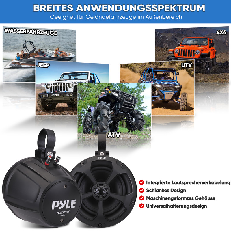 Collage zeigt verschiedene Offroad-Fahrzeuge und Lautsprecher.