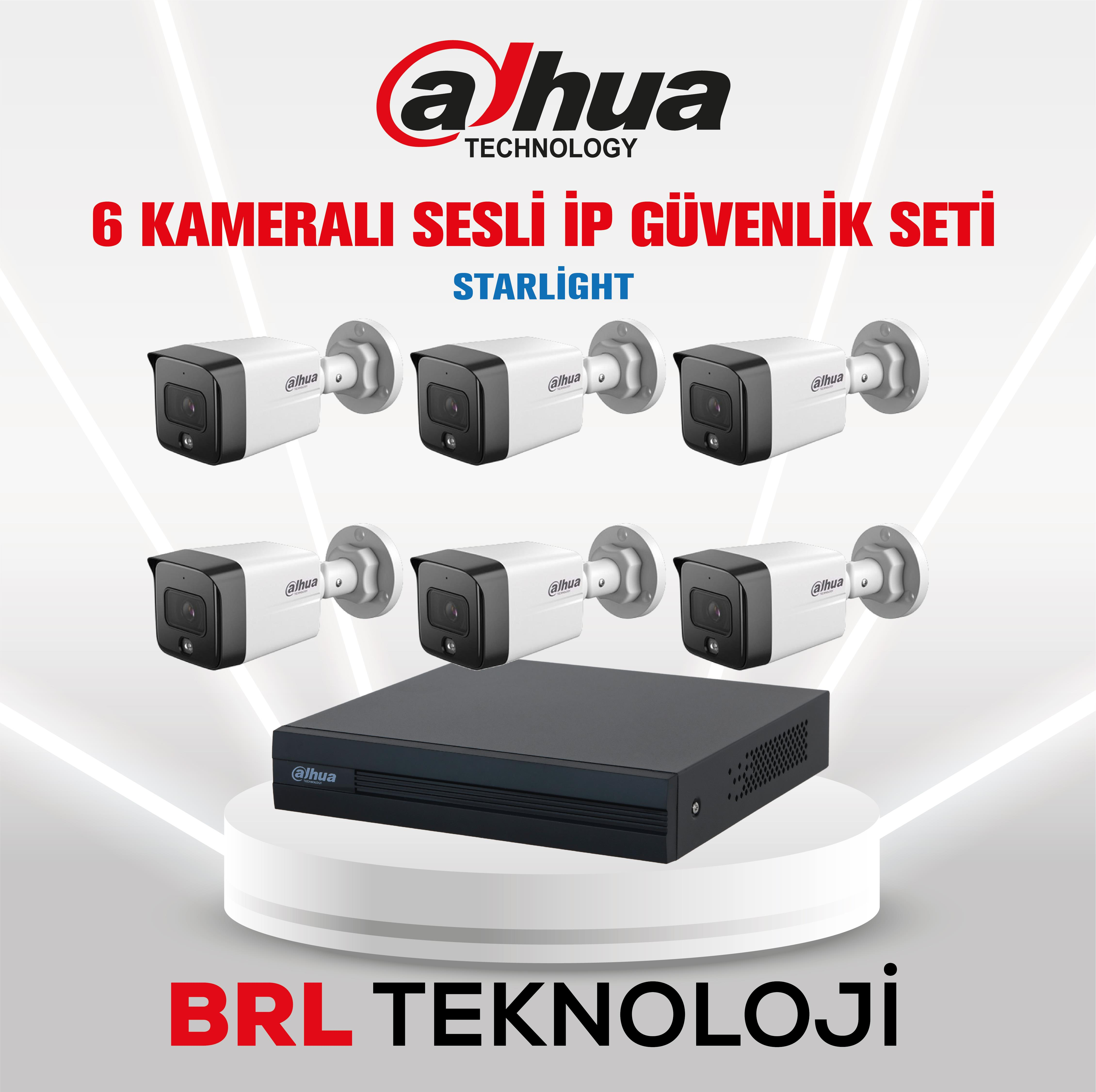 Dahua logosu, bir kayıt cihazı ve 6 kameradan oluşan setin üzerinde. Starlight.