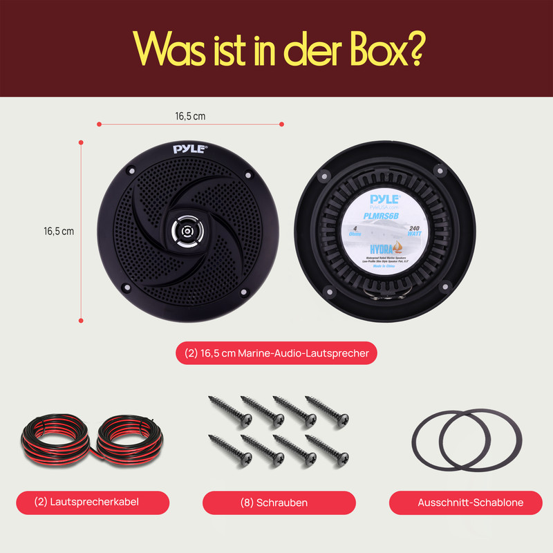 Zwei 16,5 cm Pyle Marine-Lautsprecher, Kabel, Schrauben und Schablone.