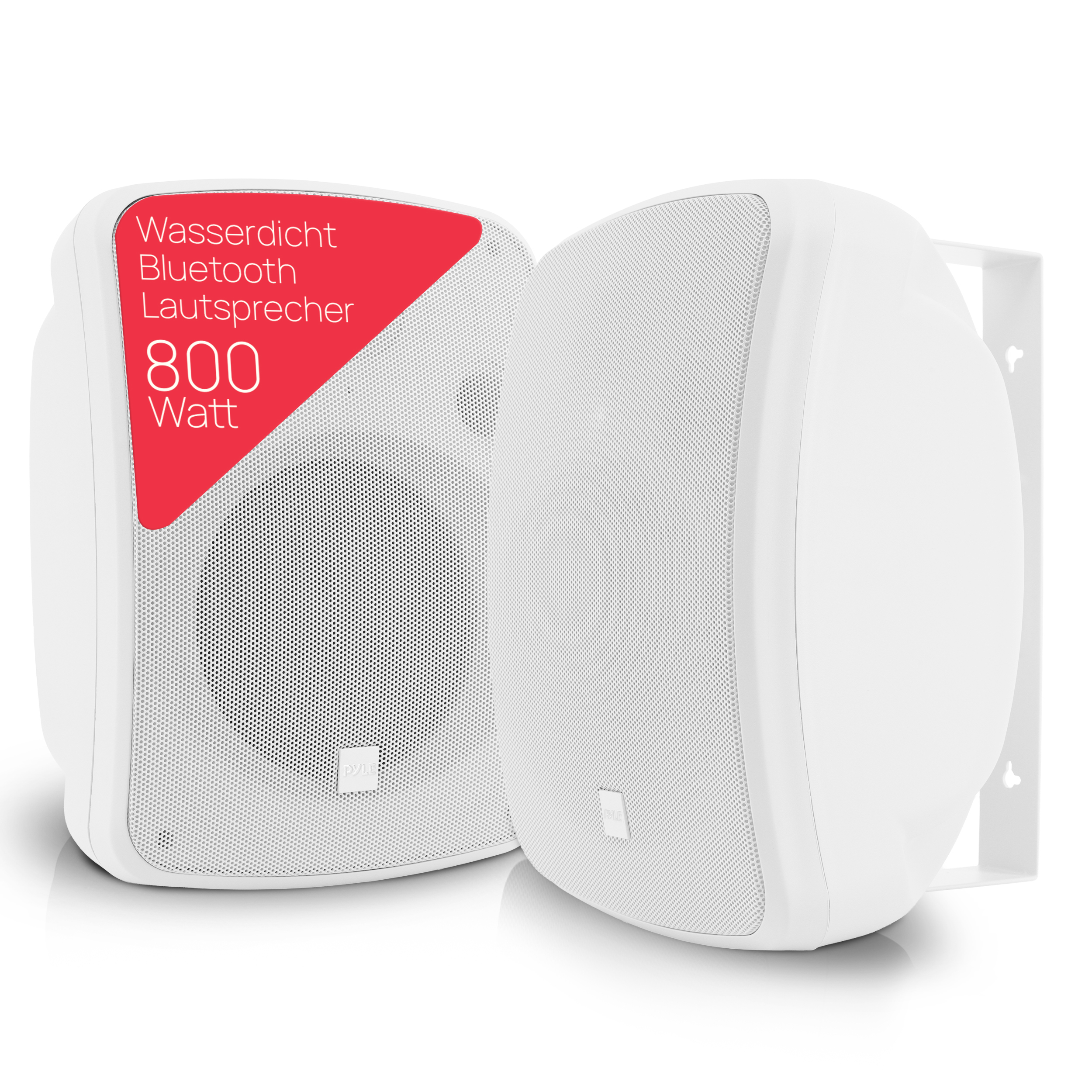 Zwei weiße wasserdichte Bluetooth-Lautsprecher mit 800 Watt Leistung.