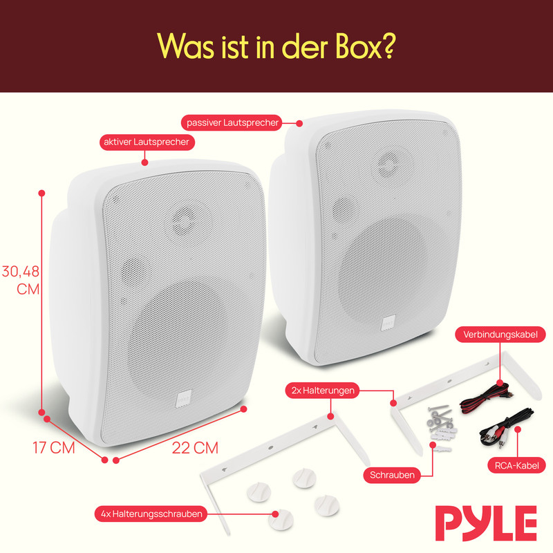 Zwei weiße Lautsprecher mit Zubehör wie Halterungen, Kabel und Schrauben.