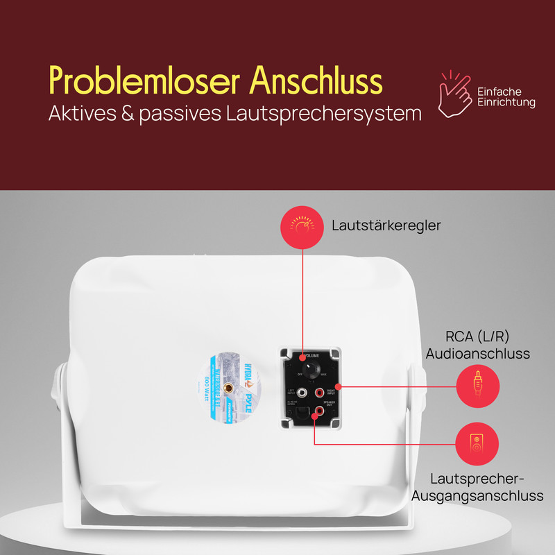 Weier Lautsprecher mit Anschlussfeldern für Lautstärke, RCA und Lautsprecher.