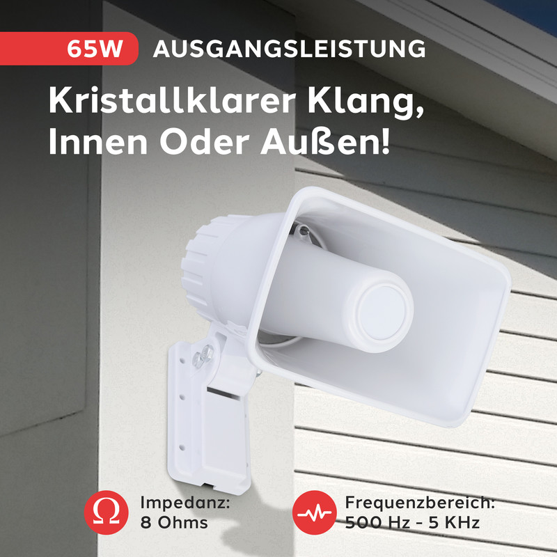 Weiße Horn-Lautsprecher-Einheit mit 65W Leistung, 8 Ohm Impedanz und 500Hz-5KHz Frequenzbereich.