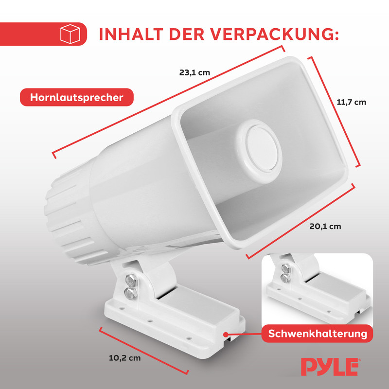Ein weißer Hornlautsprecher mit Halterung und Maßen.