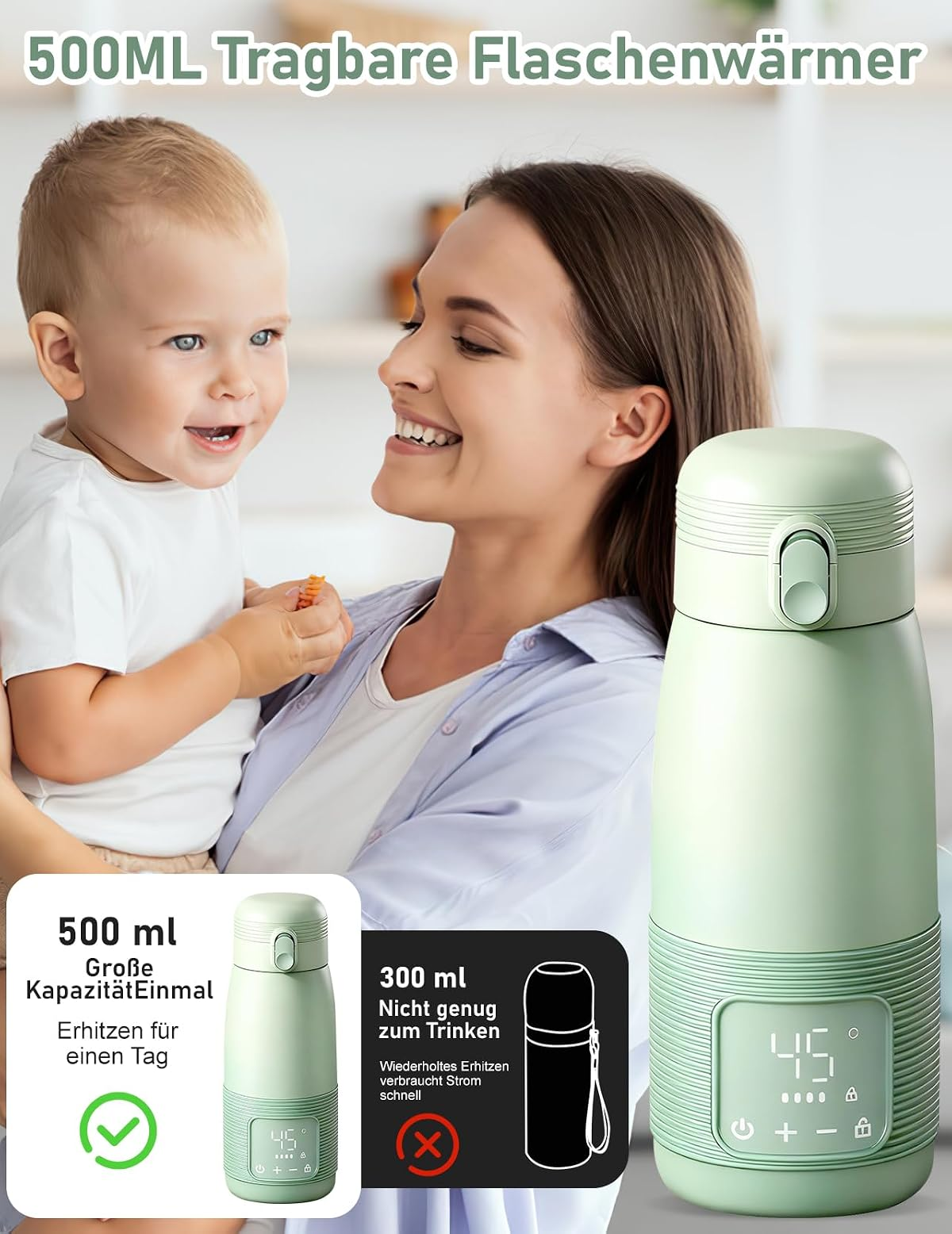 Eine Frau hält ein Baby, daneben ein grüner Flaschenwärmer mit Display.