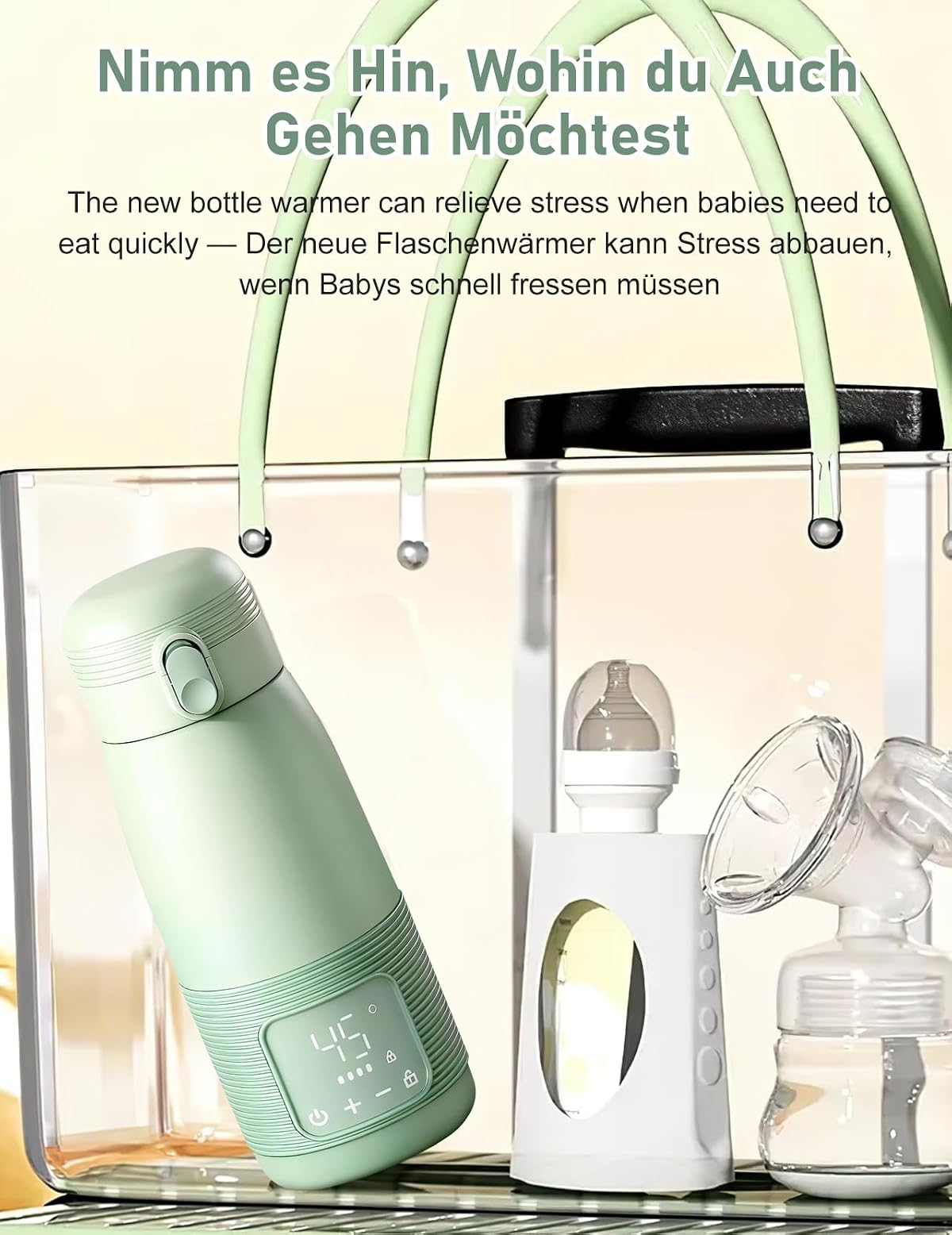Ein grüner Flaschenwärmer und Flaschenpumpenzubehör in einer Tasche.