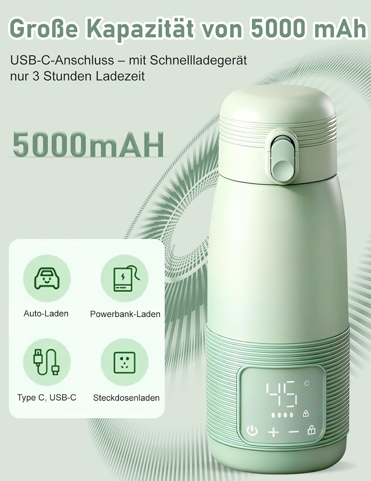 Grüne Powerbank mit 5000 mAh, USB-C, Schnellladung. Zeigt 45 Grad. Icons für Auto, Powerbank, USB-C.