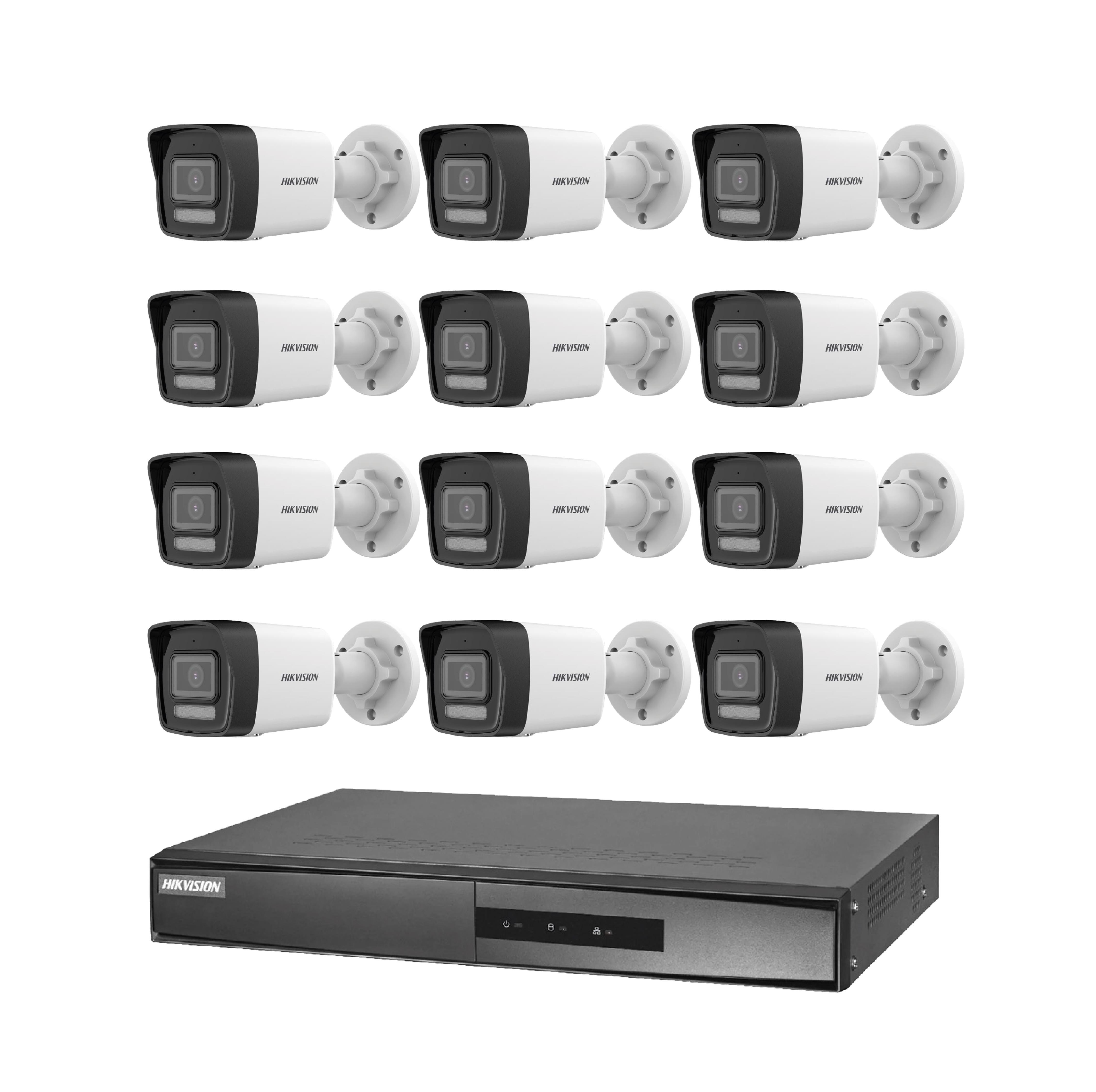 Siyah süslemeli on iki beyaz güvenlik kamerası ve siyah bir DVR kaydedici.