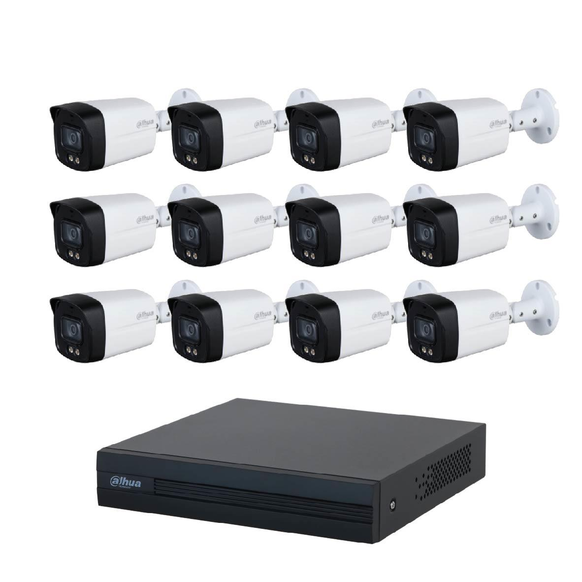 Beyaz arka plan üzerinde siyah DVR kayıt cihazı bulunan beyaz Dahua güvenlik kamerası seti.