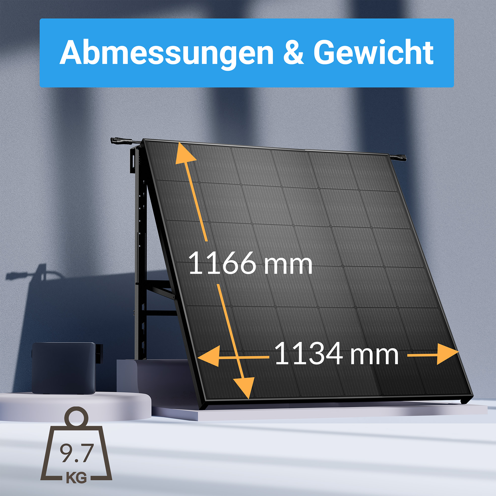 Solarmodul mit Maßen 1166x1134mm und einem Gewicht von 9,7 kg.