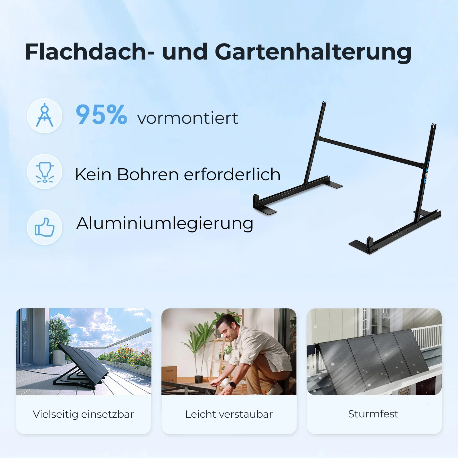 Flachdach- und Gartenhalterung: 95% vormontiert, kein Bohren, Aluminium.