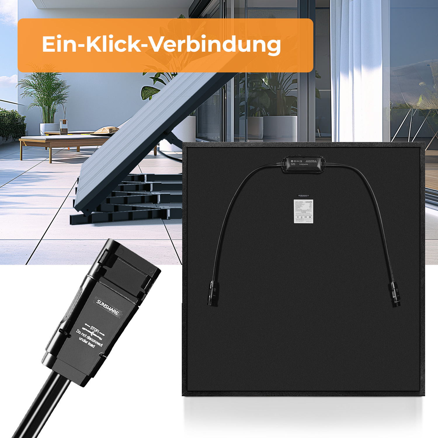 Rückseite eines Solarmoduls mit Kabeln und Stecker. Ein Klick-Verbindung.
