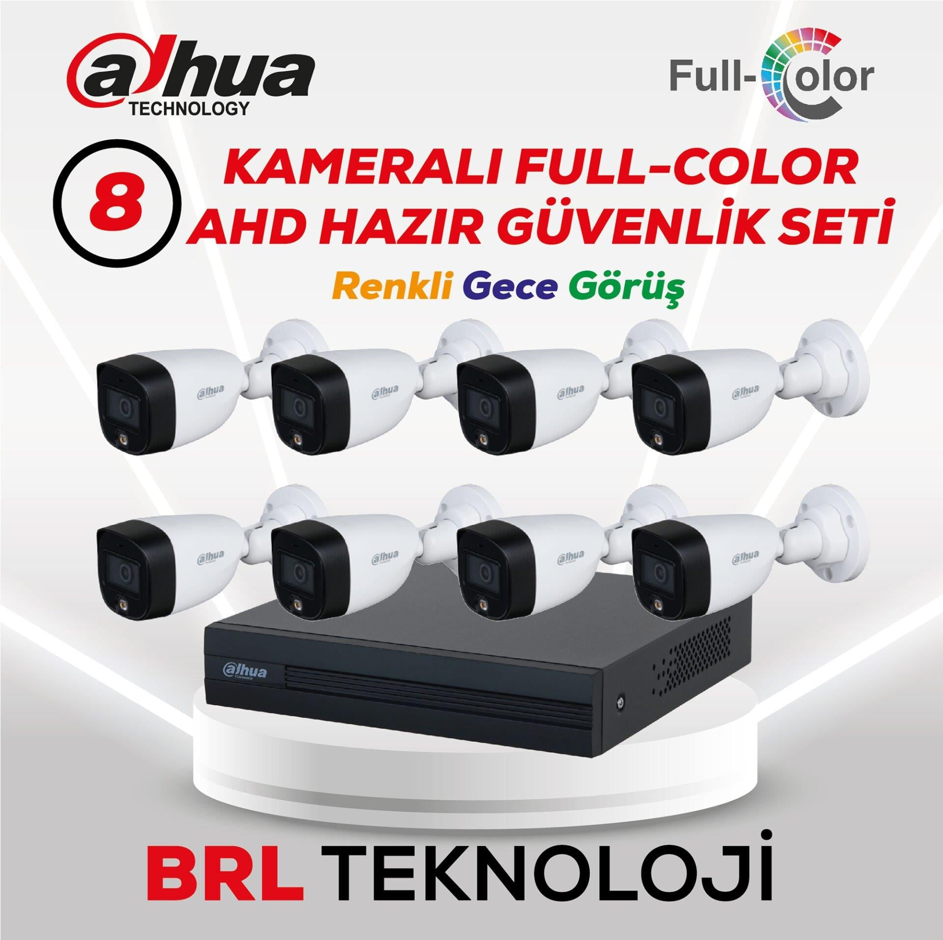 Sekiz beyaz güvenlik kamerası ve siyah DVR kayıt cihazı bir stant üzerinde sergileniyor.