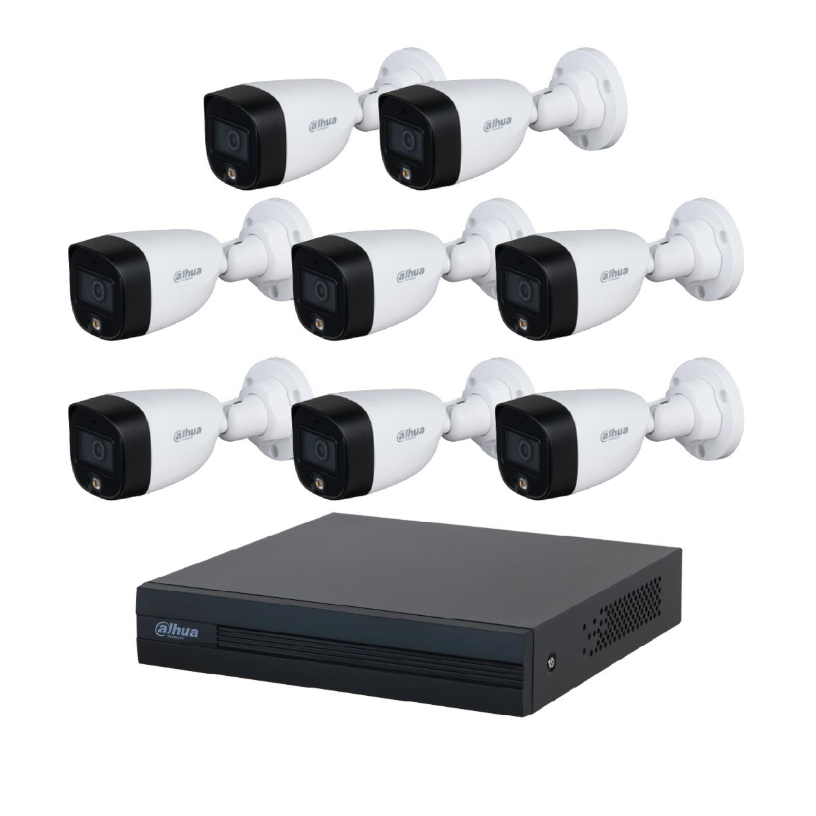 Sekiz beyaz güvenlik kamerası ve beyaz zeminde siyah DVR.
