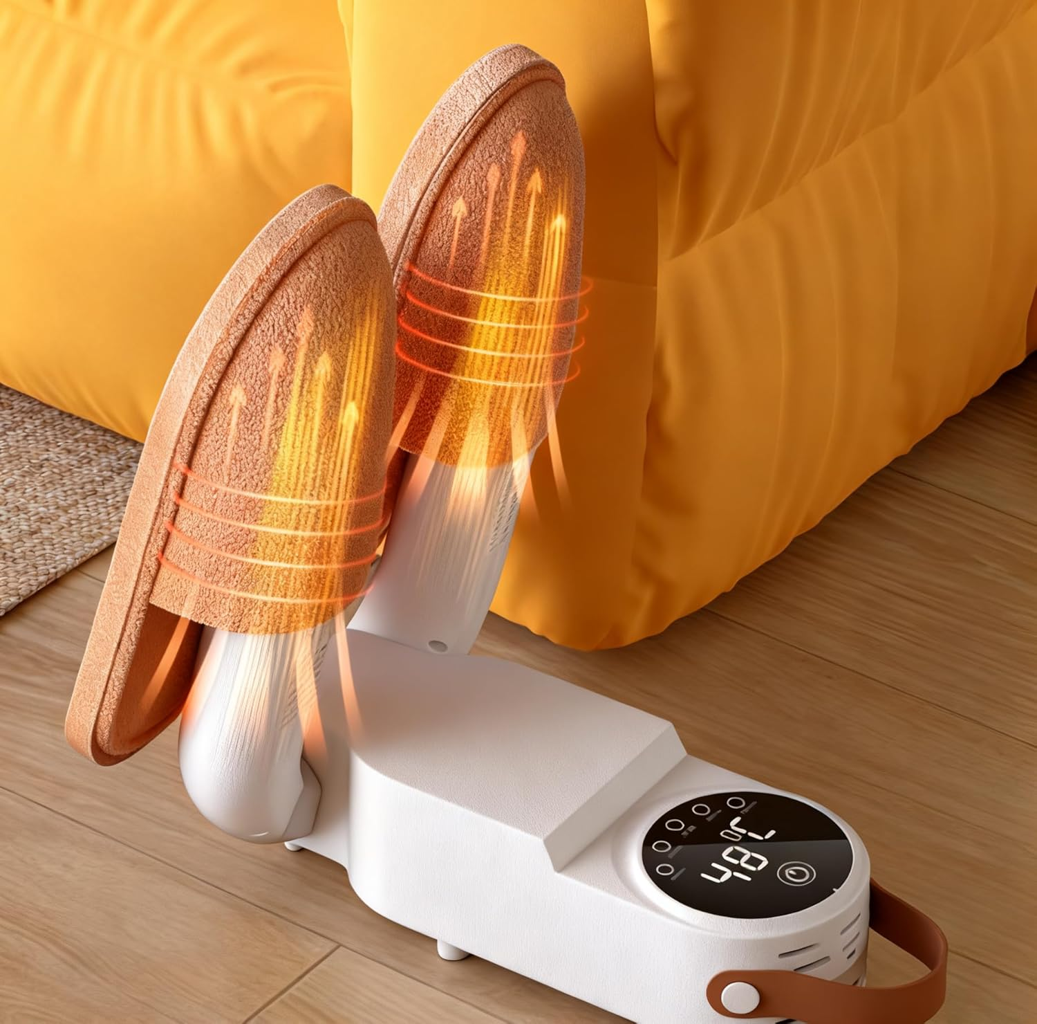Ein weißer Schuhtrockner mit orangefarbenen Hausschuhen, die Wärme abgeben, steht auf einem Holzboden.