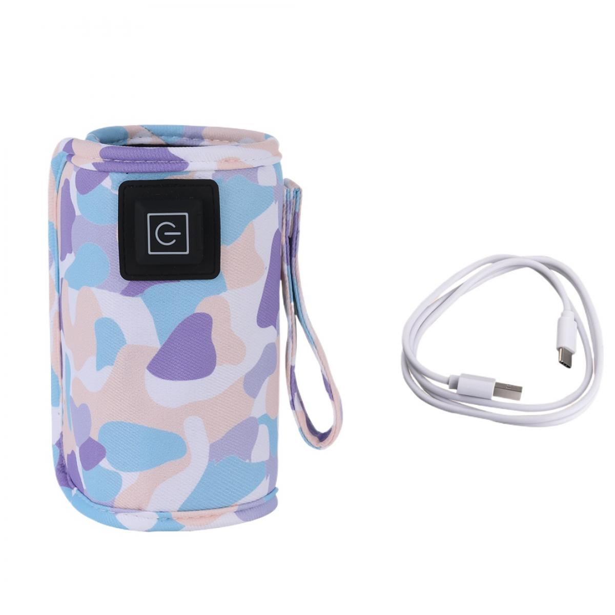Ein bunter Flaschenwärmer mit Power-Symbol und ein weißes USB-Kabel.