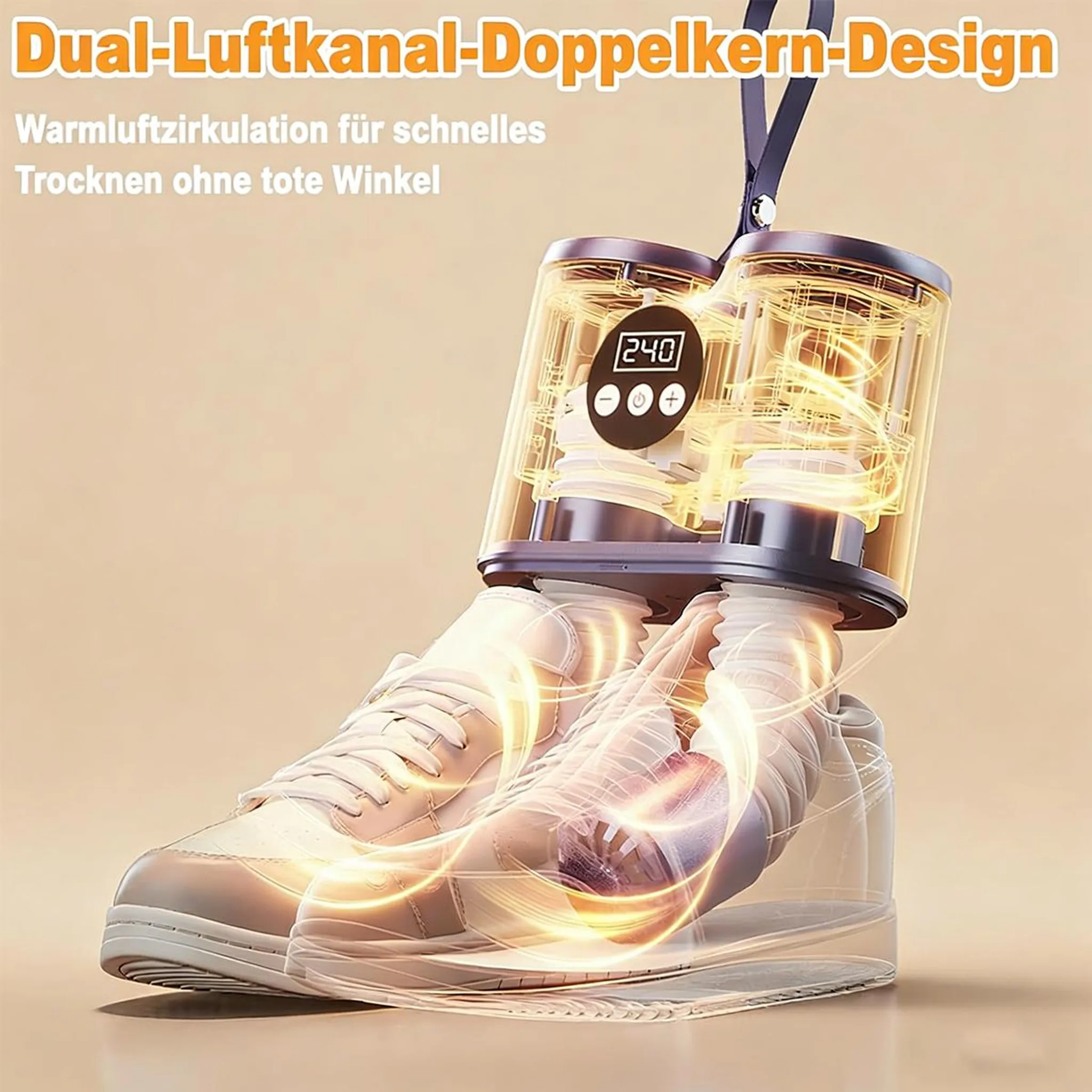 Ein Schuh-Trockner mit zwei Kanälen, die in weiße Sneaker gesteckt sind.
