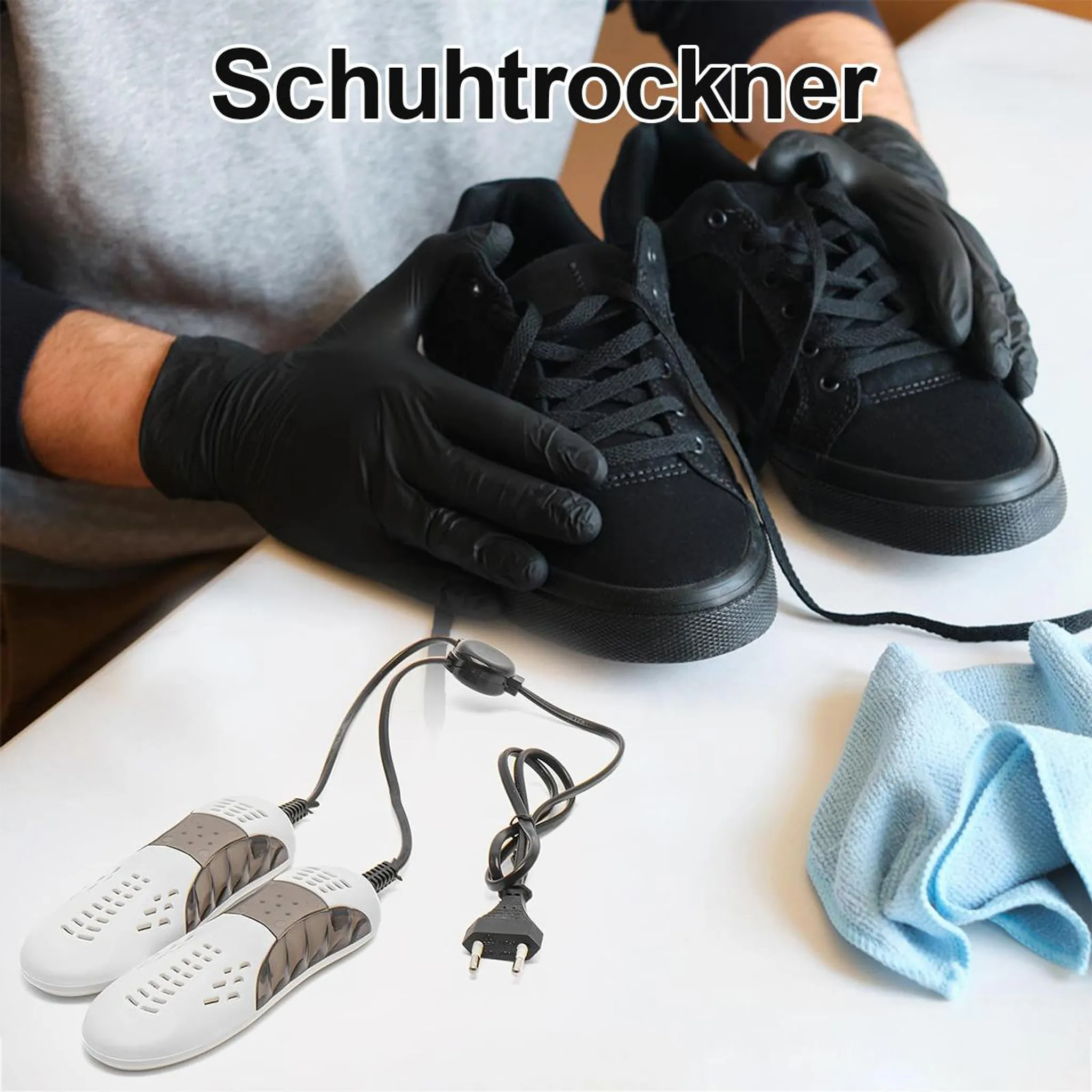 Schuhabtreter trocknet schwarze Sneaker mit Kabel und Stecker.