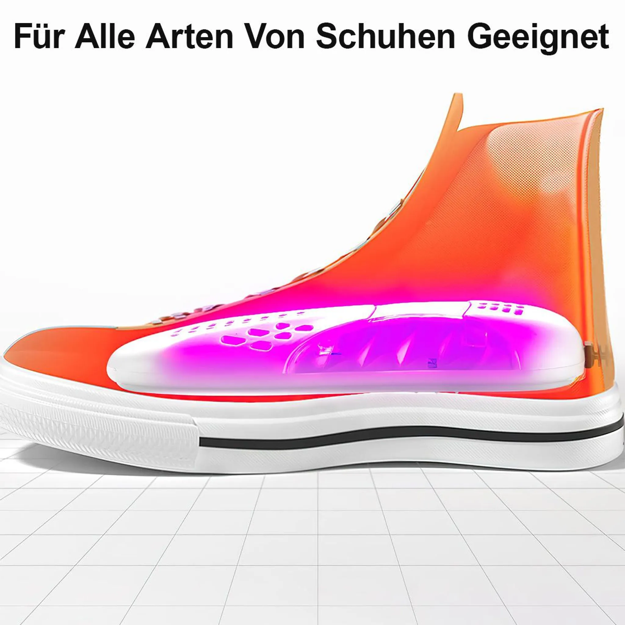 Ein orangefarbener Schuh mit einem transparenten Schaft und einem leuchtenden lila Einsatz.