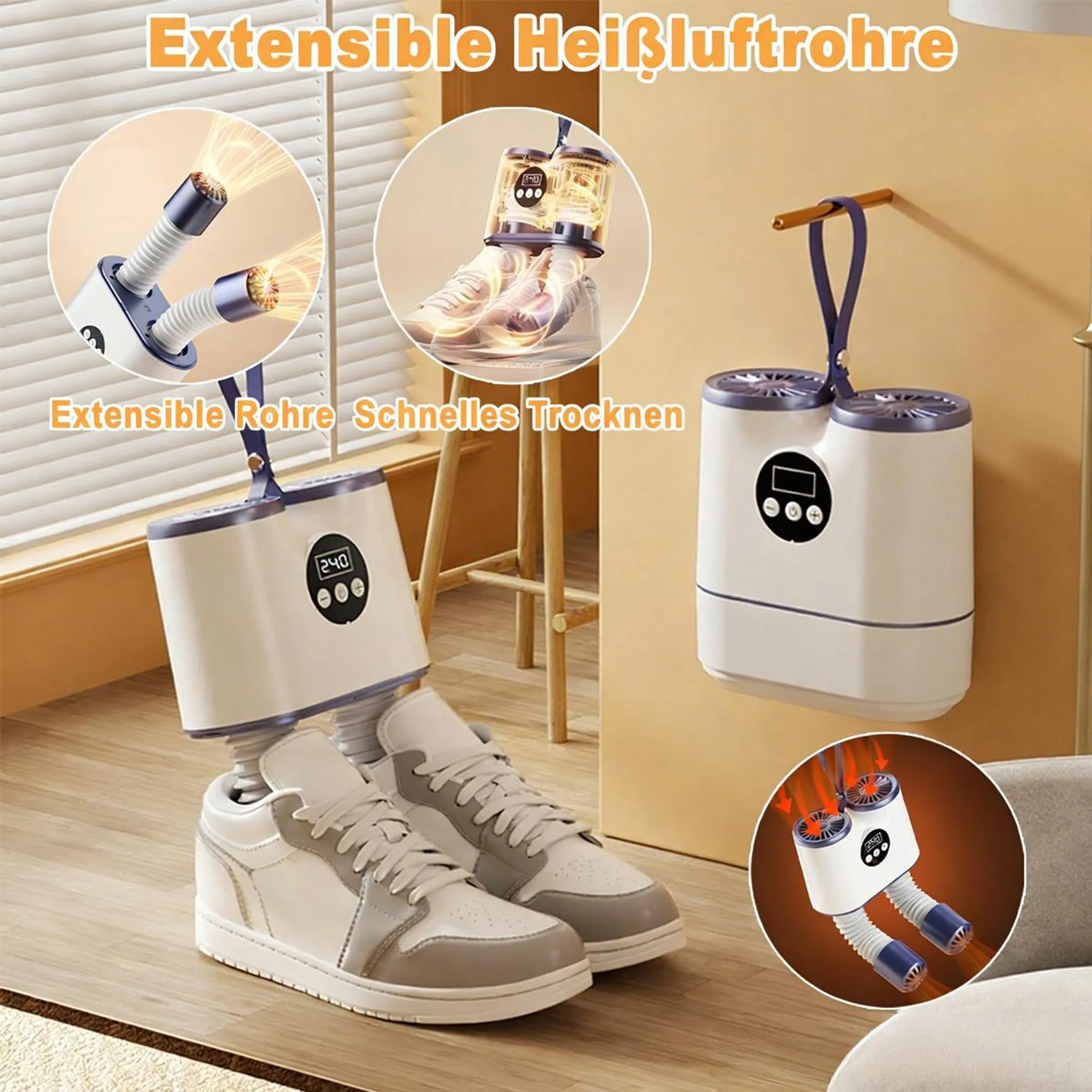 Ein weißer Schuh-Trockner mit ausziehbaren Schläuchen, der an einem Paar weißer und grauer Sneaker befestigt ist.