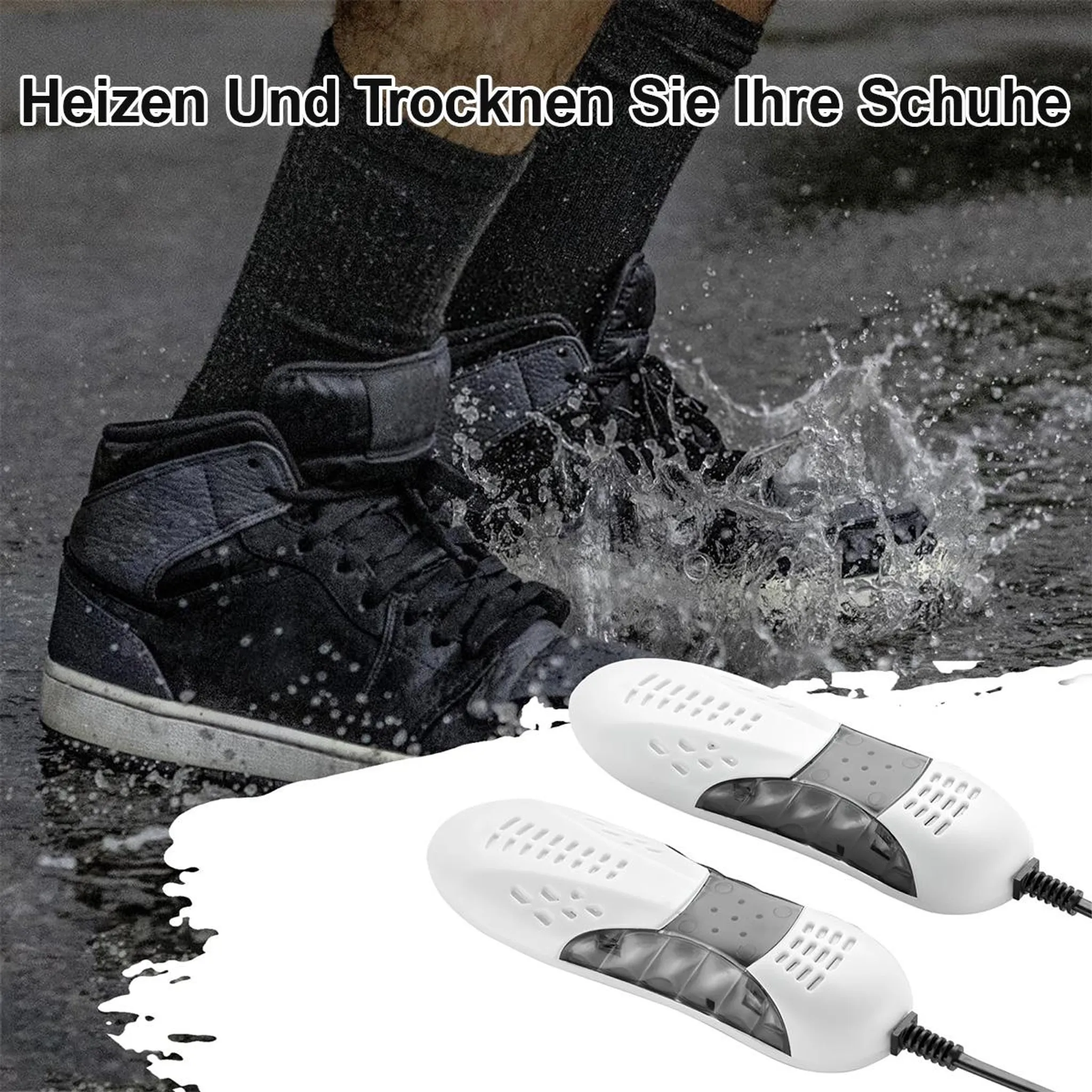 Schuhe in Wasser, daneben zwei weiße Schuhtrockner mit Lüftungsschlitzen.