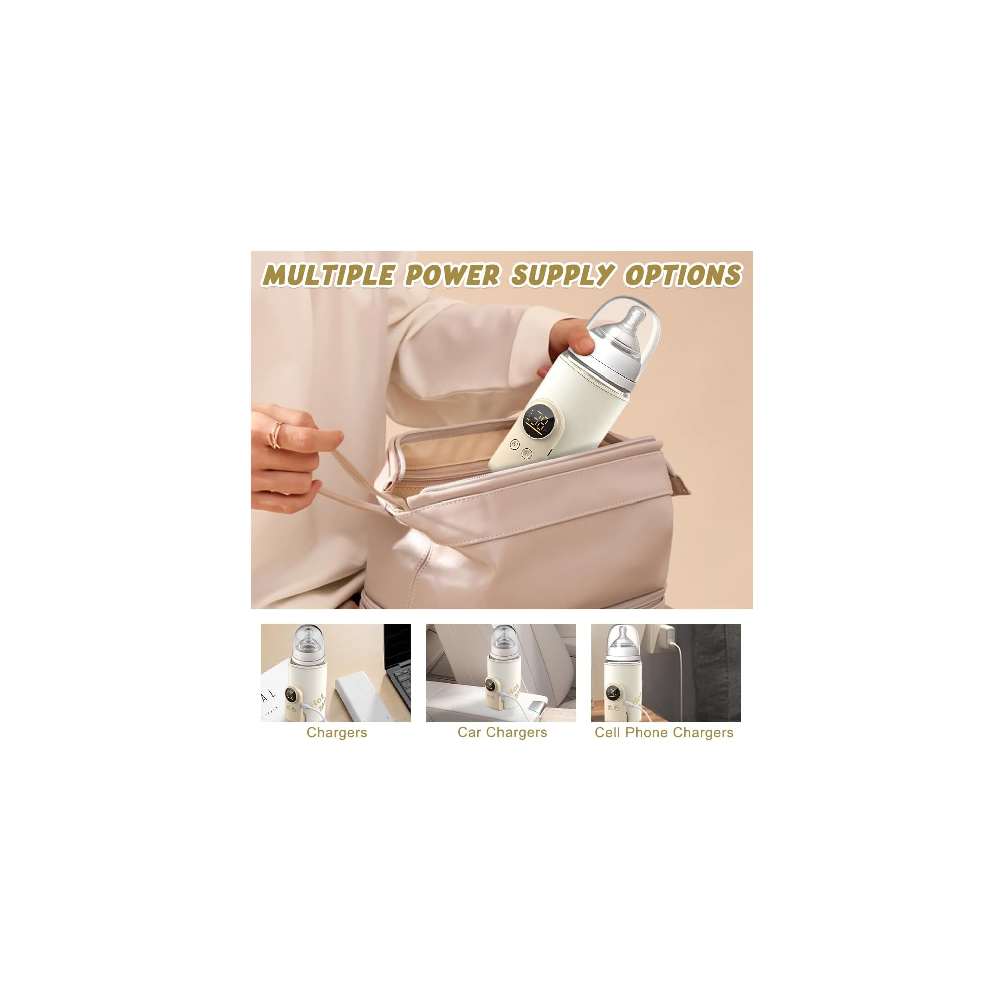 Eine Person legt eine weiße Babyflasche mit Display in eine beige Tasche. Mehrere Lademöglichkeiten.