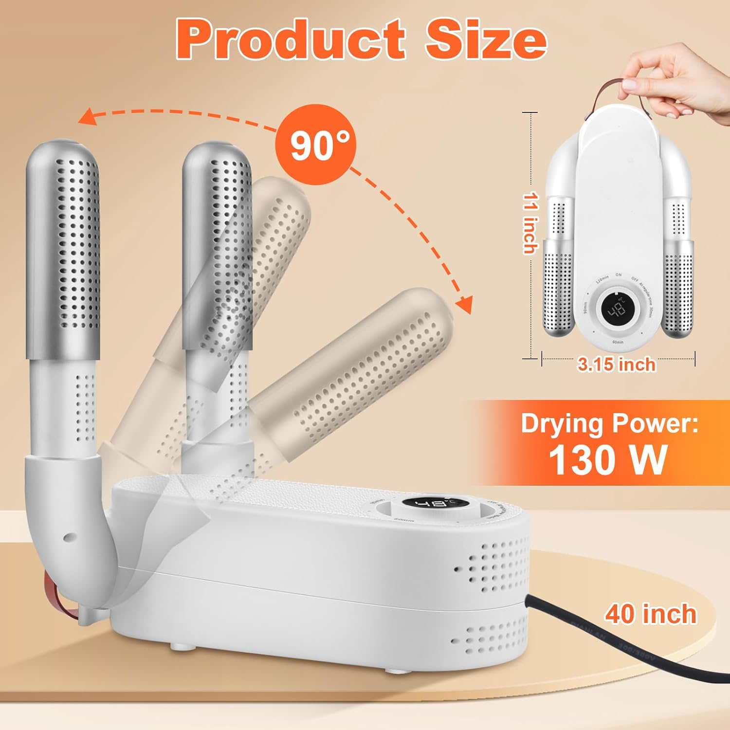 Ein weißer Schuh-Trockner mit schwenkbaren Armen, 11x3,15 Zoll, 130W.