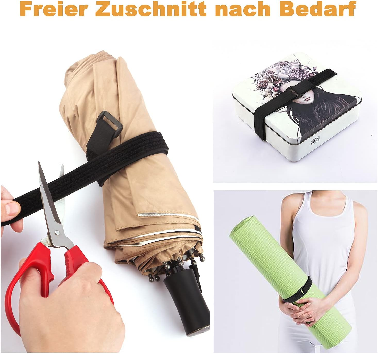 Ein aufrollbarer Regenschirm, eine rechteckige Dose und eine Yogamatte mit Klettverschluss.