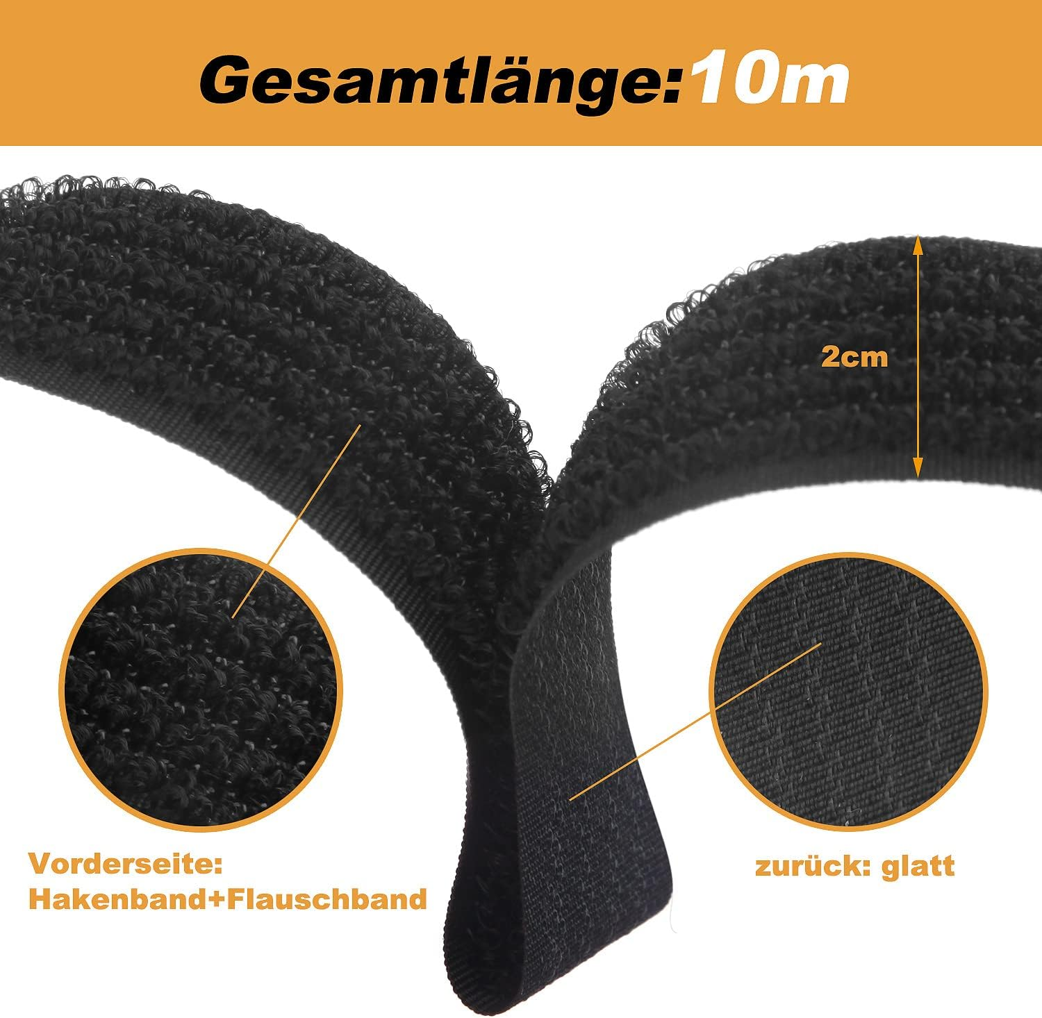 Schwarzes Klettband mit Haken und Flausch, 10m lang und 2cm breit.