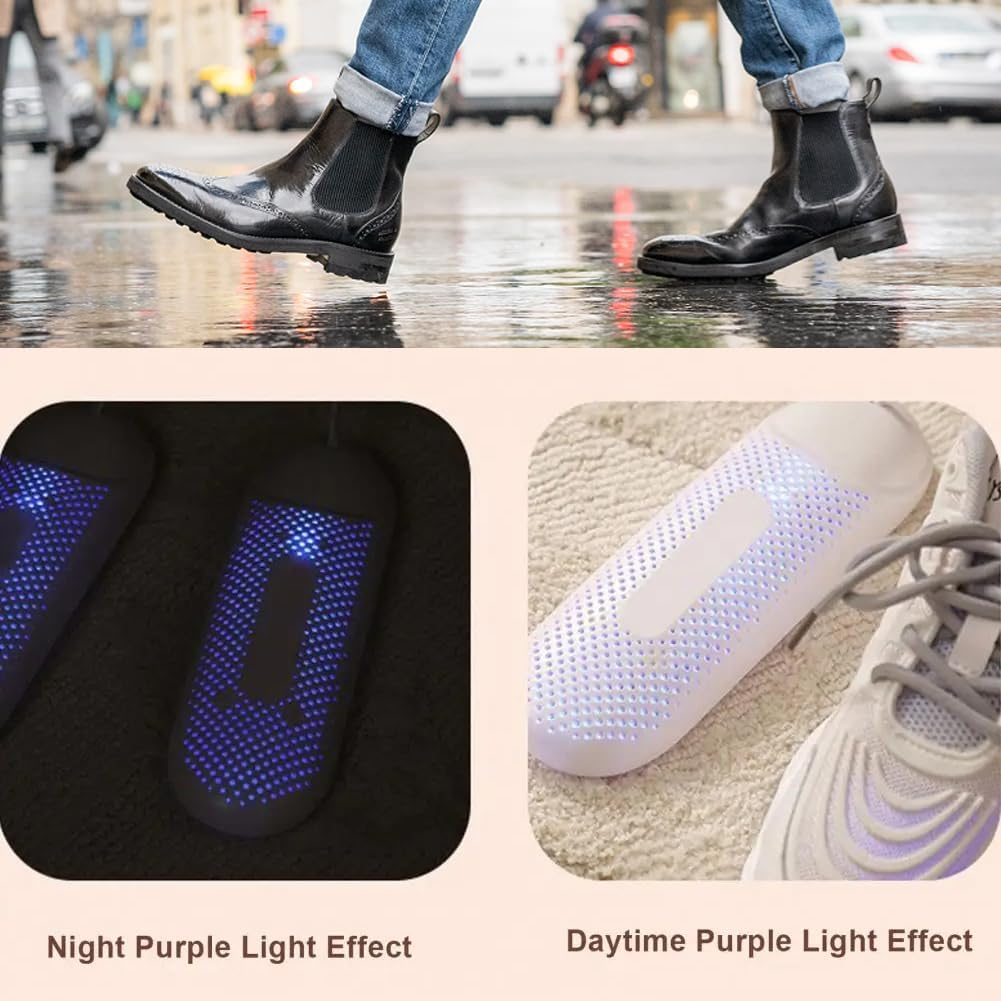 Schuhe mit UV-Licht-Trocknern in dunklen und hellen Umgebungen.