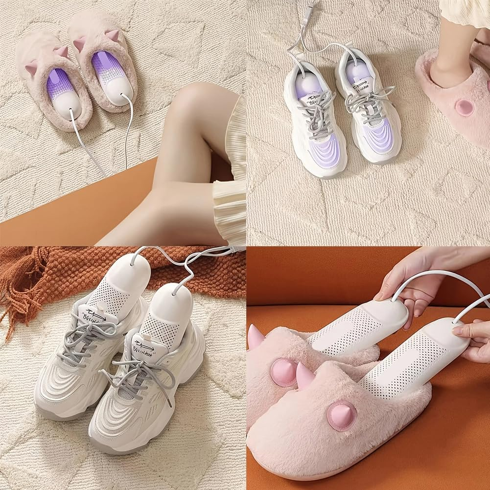 Vier Collagen mit Schuhen und Hausschuhen, die von Schuhtrocknern verwendet werden.