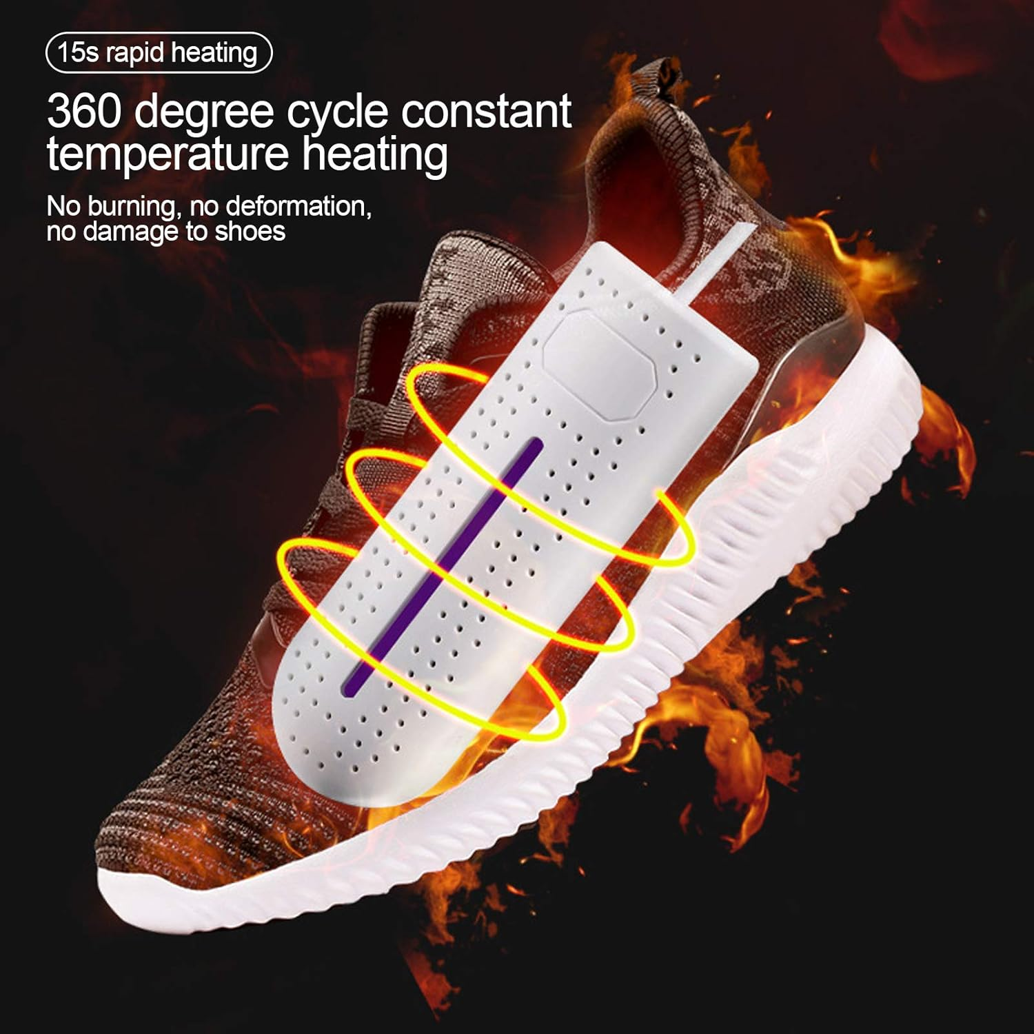 Schuhwärmer mit 360° Heizung in einem braunen Sneaker mit Flammen-Effekt.