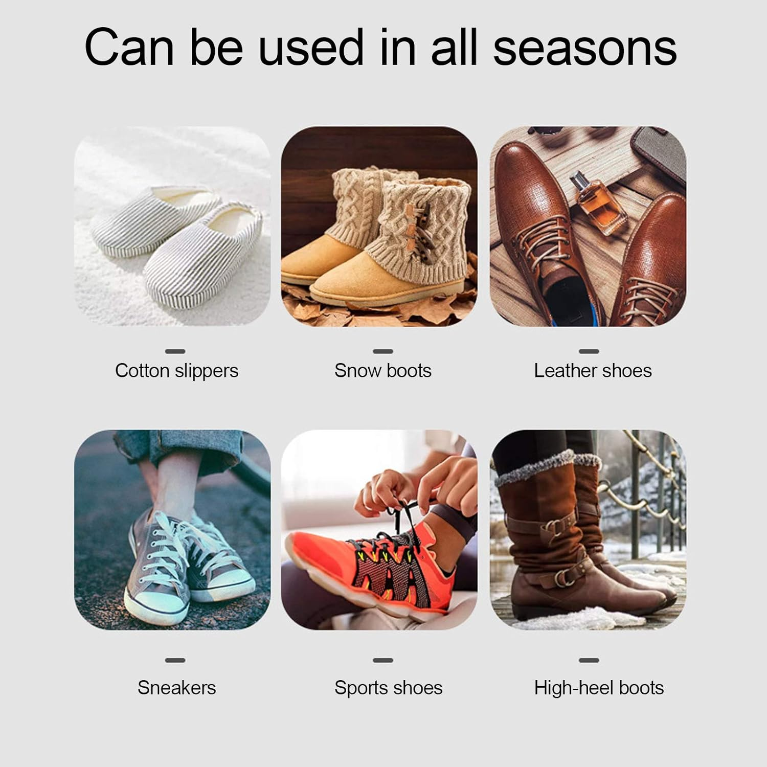 Sechs Schuharten: Baumwollpantoffeln, Schneestiefel, Lederschuhe, Turnschuhe, Sportschuhe, High Heels.