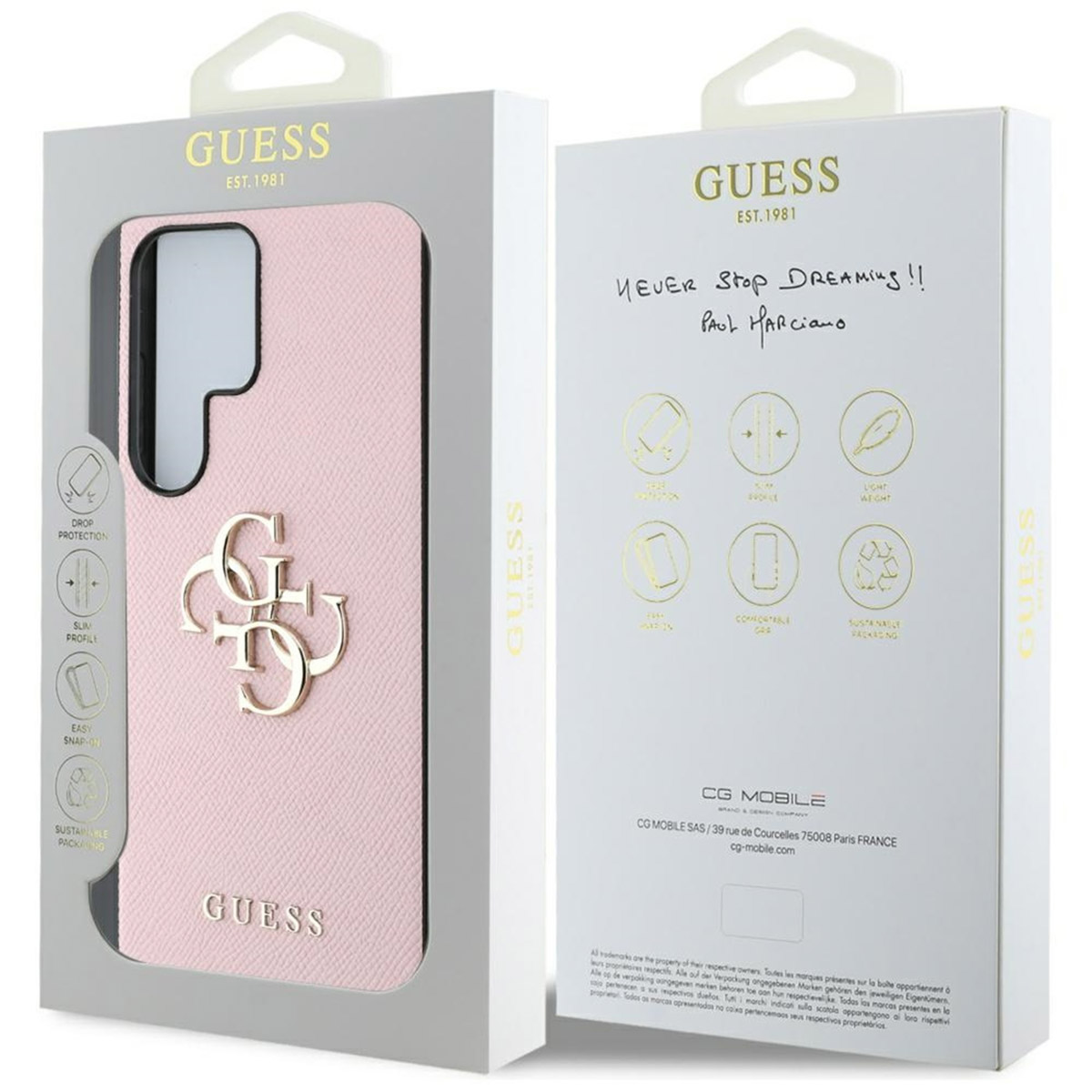 Una custodia per telefono GUESS rosa con logo dorato e confezione GUESS.