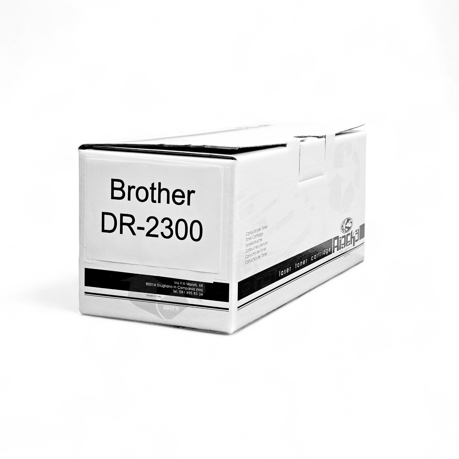 Scatola bianca cartuccia toner laser Brother DR-2300 con testo e indirizzo.
