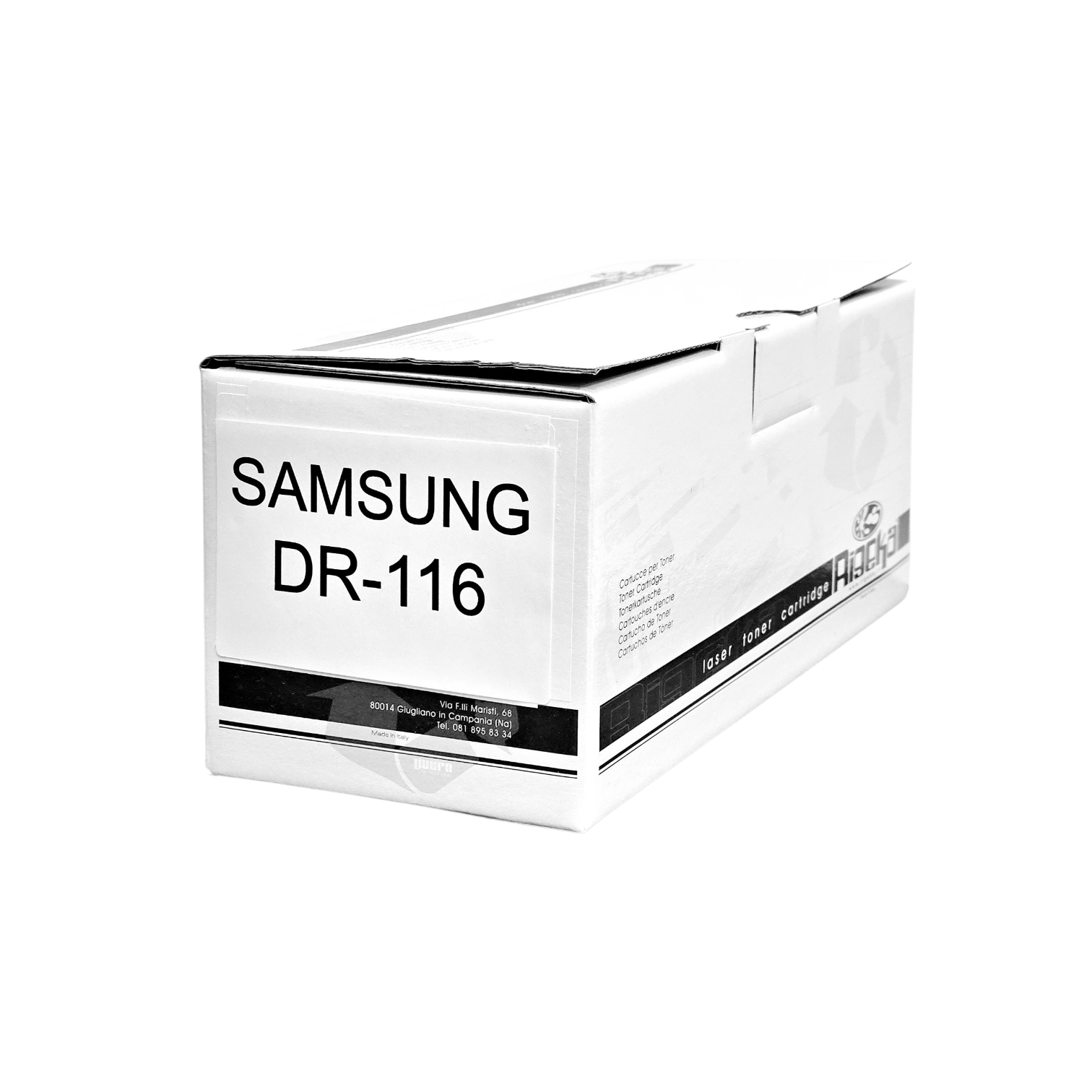 Scatola bianca cartuccia toner Samsung DR-116 con stampa e indirizzo italiano.