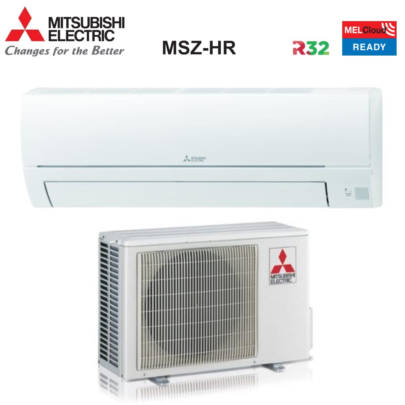 Condizionatore Mitsubishi Electric bianco: unità interna ed esterna.