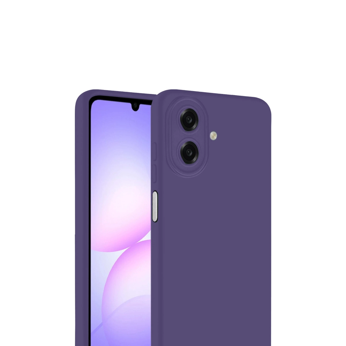 Arkada iki kamera ve flaşlı mor telefon kılıfı.