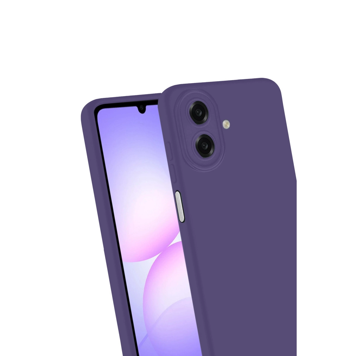 Arkada iki kamera ve flaş bulunan mor telefon kılıfı.