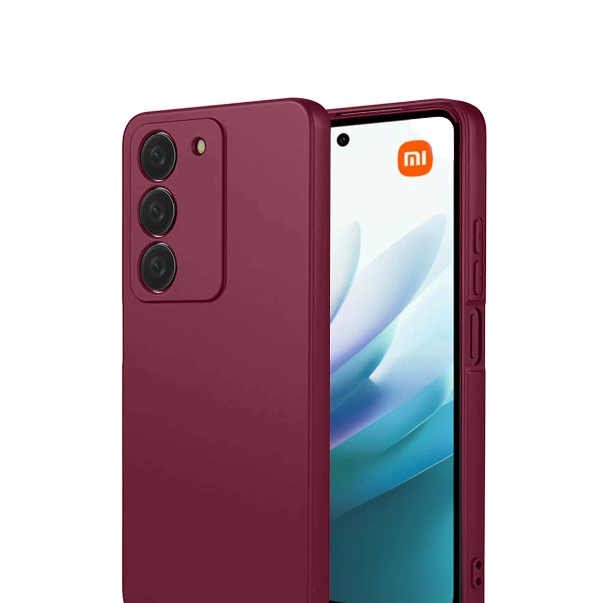 Ekranında Xiaomi logosu bulunan, üç kamera lensli kırmızı telefon kılıfı.