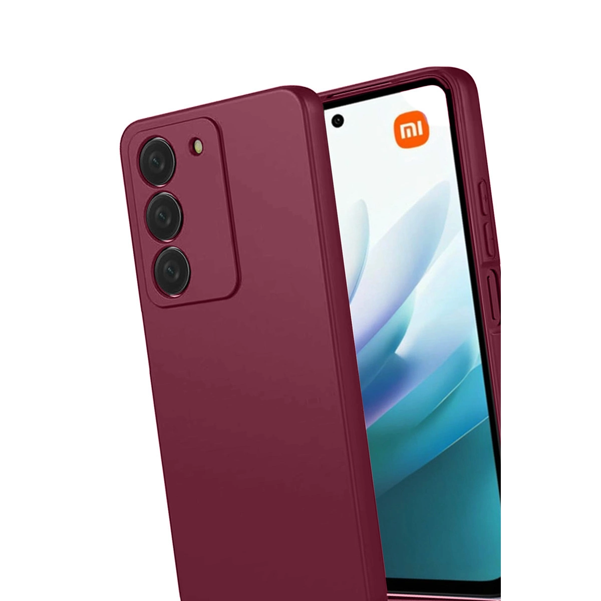 Arkada üç kamerası ve ekranda Mi logosu bulunan bordo renkli bir telefon.