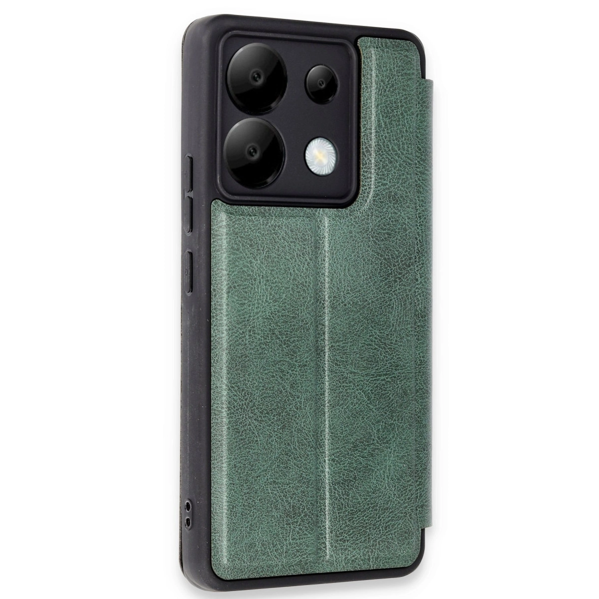 Kamera sistemli ve dokulu yeşil telefon kılıfı.